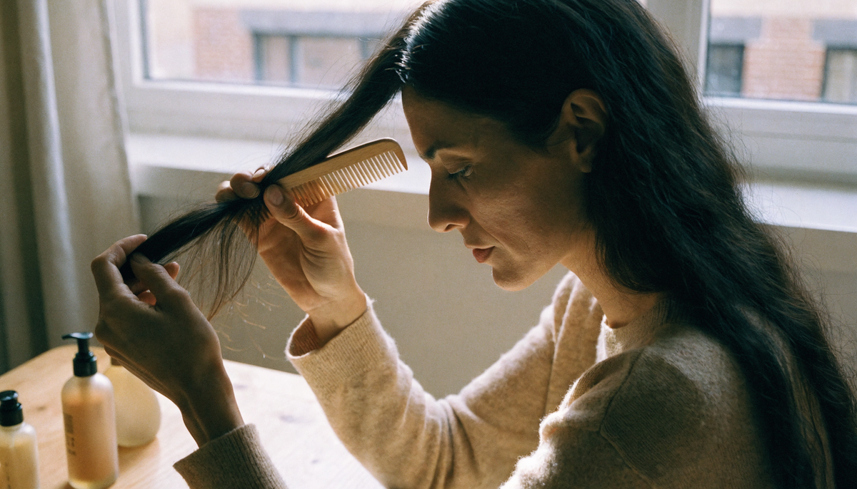 Femme aux cheveux longs se coiffant près d'une fenêtre dans une lumière douce, illustrant une routine capillaire et une alternative naturelle au minoxidil.
