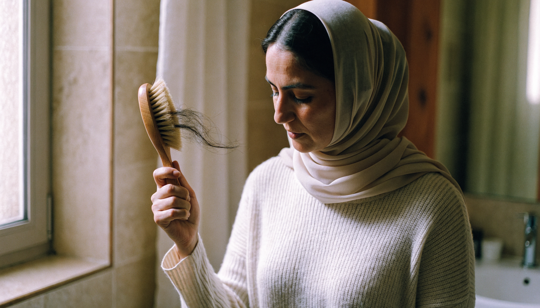 Femme tenant une brosse à cheveux en bois près d'une fenêtre en automne, illustrant la chute de cheveux en automne