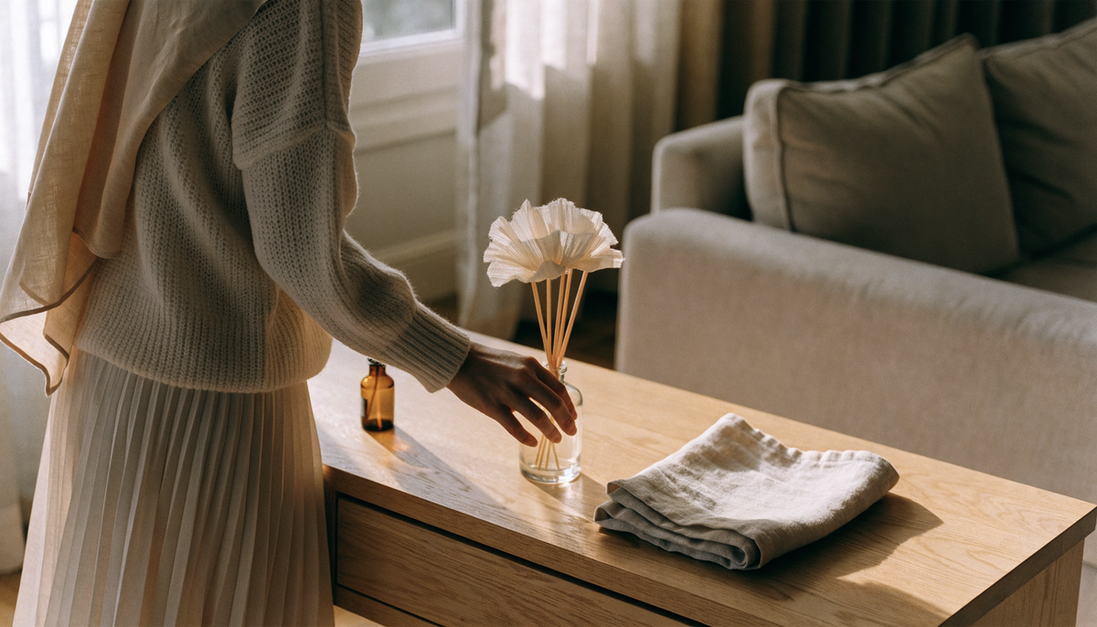 Femme vêtue d'un pull à manches longues et d'un foulard beige posant un diffuseur à fleurs sur une console en bois clair, illustrant comment parfumer sa maison sans bougie