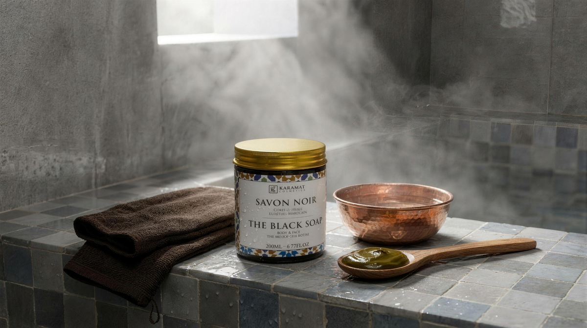 Pot de Savon Noir Beldi 200 ml Karamat posé sur du zellige mouillé, avec un gant kessa plié et un bol en cuivre martelé, dans la vapeur d'un hammam.
