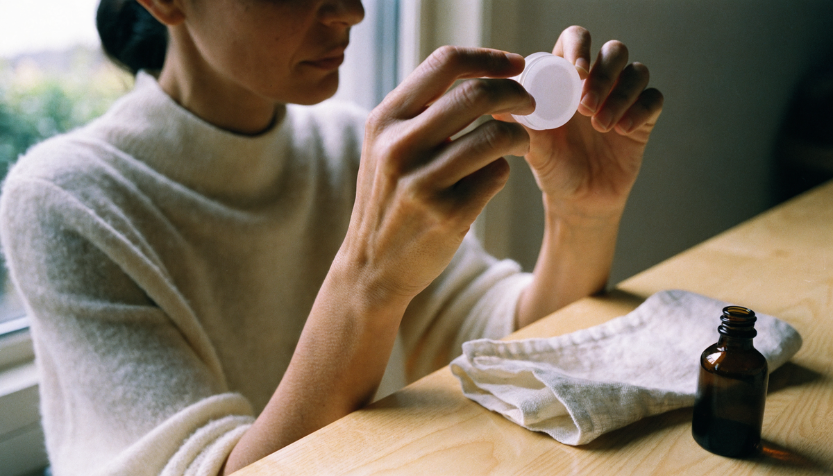 Une femme examine à la lumière d'une fenêtre un petit pot de soin sans étiquette, illustrant la lecture du pourcentage de bave d'escargot affiché sur un flacon.