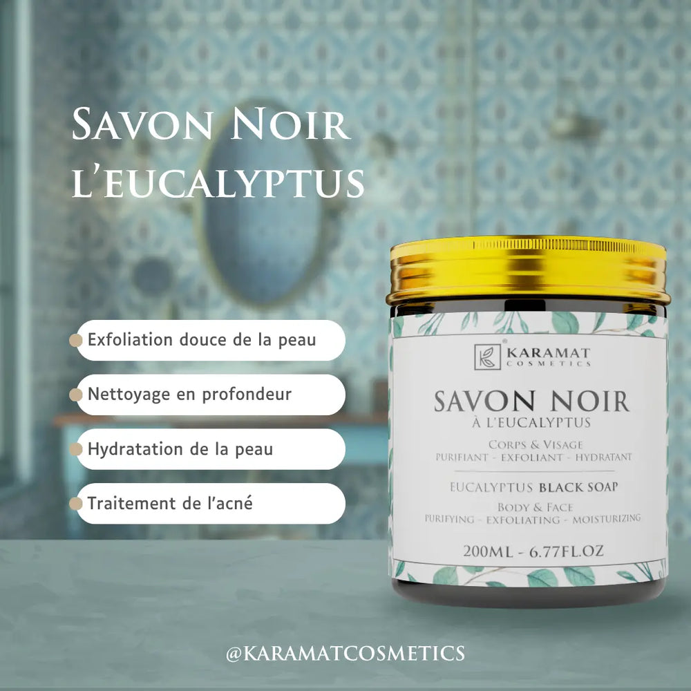 Savon Noir Eucalyptus 200ml | Puissance Purifiante et Rafraîchissement Intense