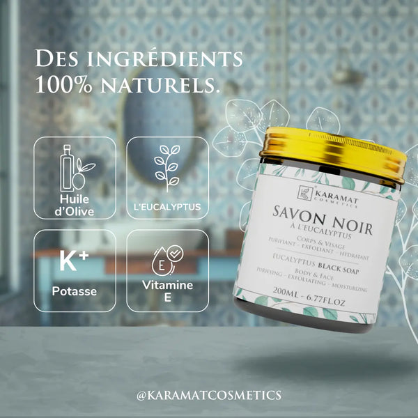 Savon Noir Eucalyptus 200ml | Puissance Purifiante et Rafraîchissement Intense