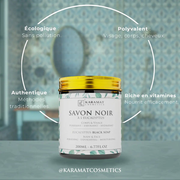 Savon Noir Eucalyptus 200ml | Puissance Purifiante et Rafraîchissement Intense