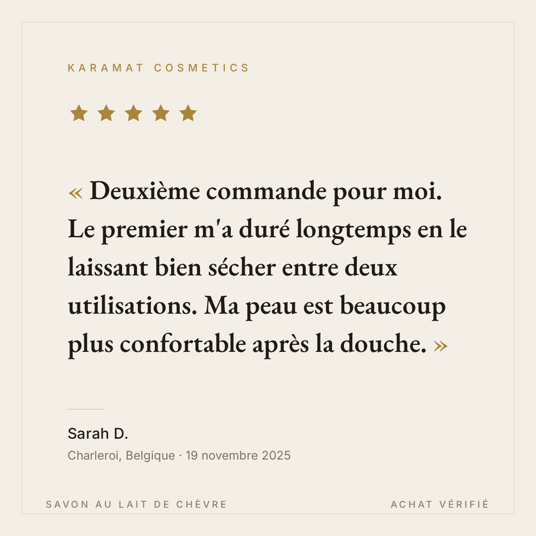 Avis client Sarah D. - Savon au lait de chèvre Karamat Cosmetics - 5 étoiles