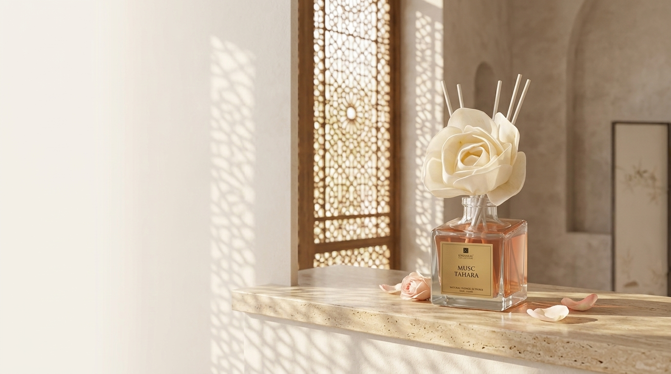 Maison Karamats – Diffuseur à Fleurs sous la lumière dorée d'un moucharabieh