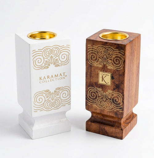 Brûleur à bakhour en bois sculpté Karamat avec sa coupelle métallique dorée