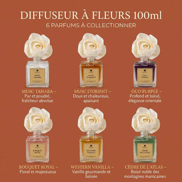 Diffuseur à Fleurs 100ml – les 6 parfums expliqués : Musc Tahara, Musc d'Orient, Oud Purple, Bouquet Royal, Western Vanilla, Cèdre de l'Atlas