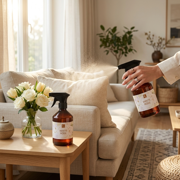 Spray d'ambiance floral 500ml – vaporisation dans un salon lumineux