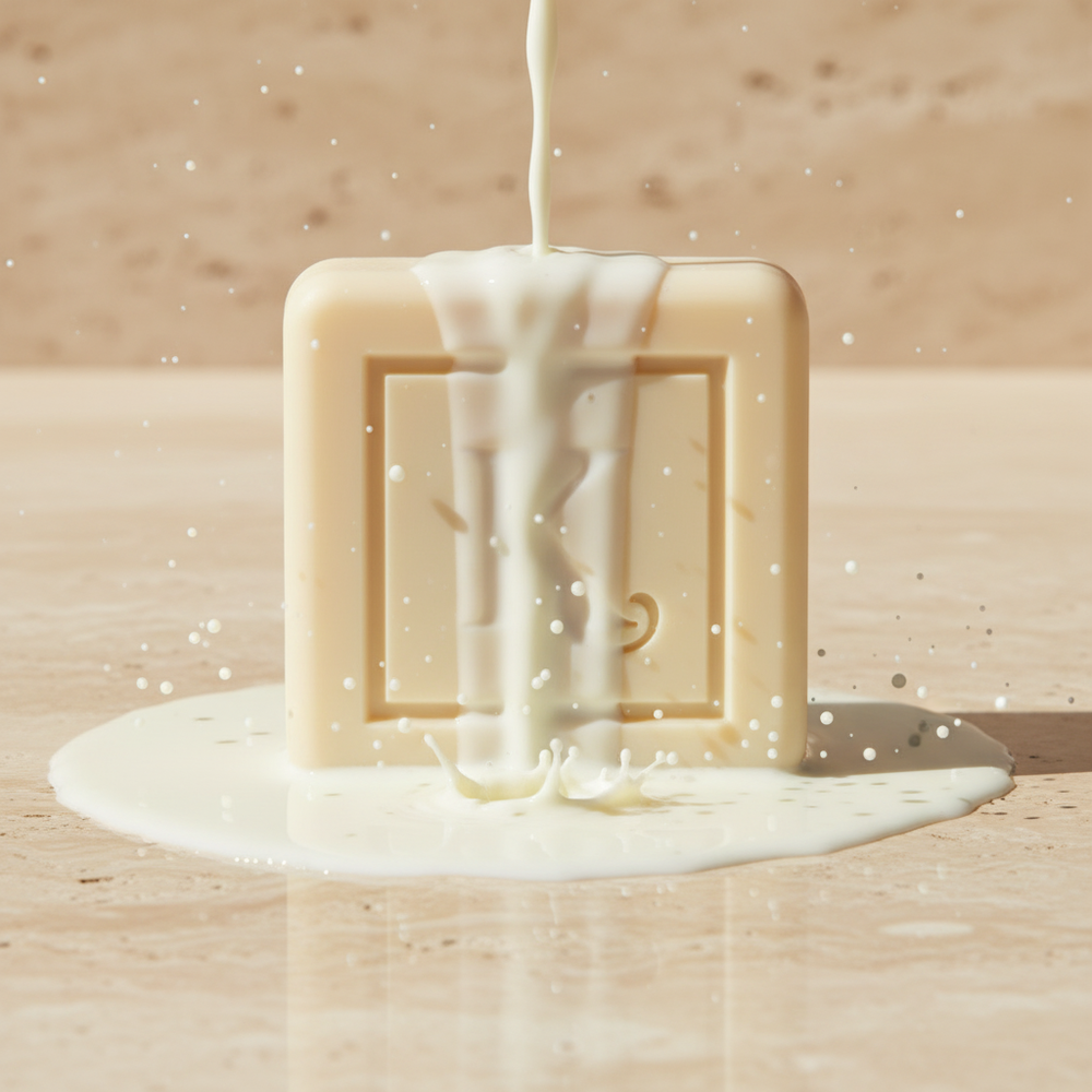 Savon naturel au lait de chèvre 125 g Karamat – coffret entrouvert sur soie ivoire