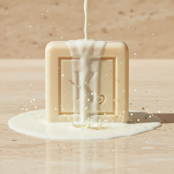 Savon au lait de chèvre Karamat – filet de lait frais versé sur le pain de savon