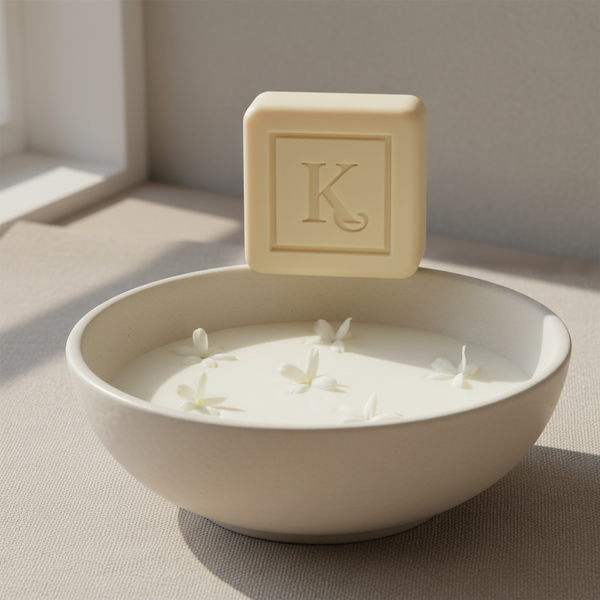 Savon au lait de chèvre Karamat posé sur un bol de lait aux pétales blancs