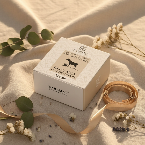 Coffret Savon naturel au lait de chèvre Karamat sur lin crème avec ruban doré