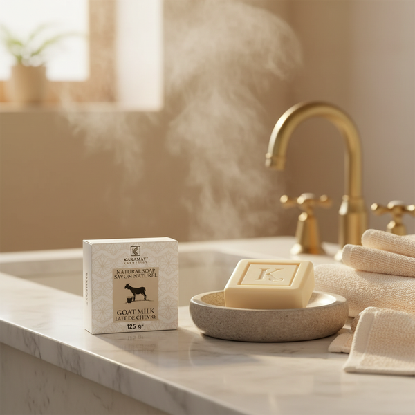 Savon au lait de chèvre Karamat et son coffret sur une vasque en marbre