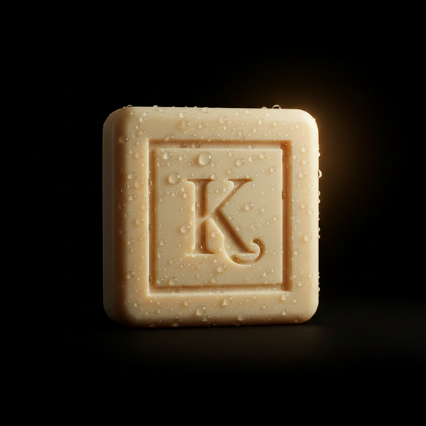 Gros plan du savon Musc Tahara 125 g Karamat gravé du K, gouttes d'eau