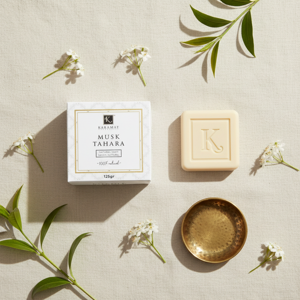 Savon Musc Tahara 125 g Karamat à plat avec feuilles d'arbre à thé