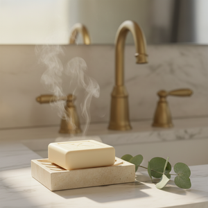 Savon Musc Tahara 125 g Karamat sur porte-savon en pierre, salle de bain