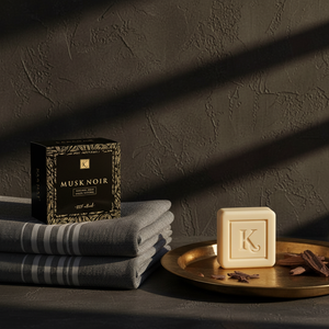 Boîte du savon de musc noir 125 g Karamat sur serviettes de hammam
