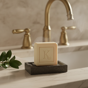Savon de musc noir 125 g Karamat sur porte-savon en pierre, salle de bain