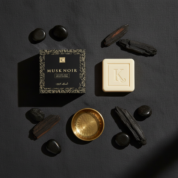 Savon de musc noir 125 g Karamat à plat avec bois fumé et pierres noires