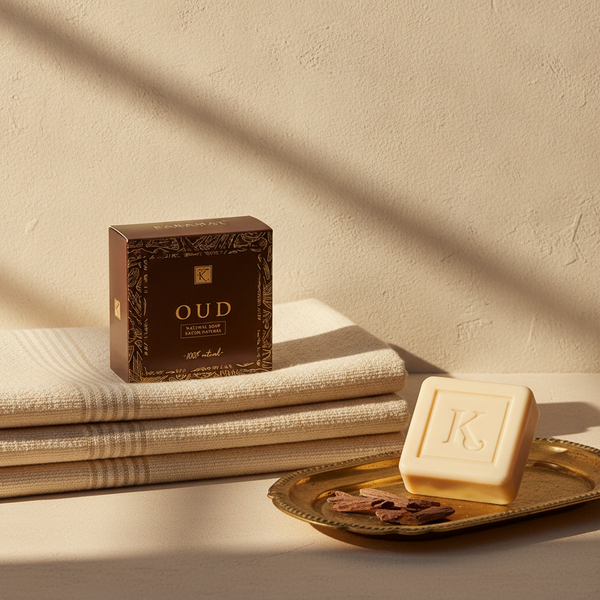 Boîte du savon au oud 125 g Karamat sur serviettes de hammam