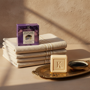 Boîte du savon à l'huile de nigelle 125 g Karamat sur serviettes de hammam