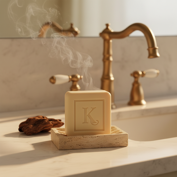 Savon au oud 125 g Karamat sur porte-savon en pierre, salle de bain