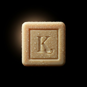 Gros plan du savon au oud 125 g Karamat gravé du K, gouttes d'eau