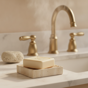 Savon au soufre 125 g Karamat sur porte-savon en pierre, salle de bain