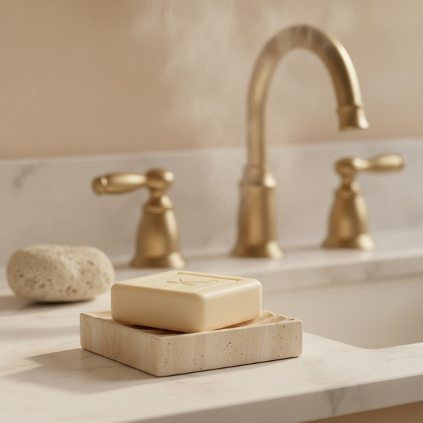 Savon au soufre 125 g Karamat sur porte-savon en pierre, salle de bain