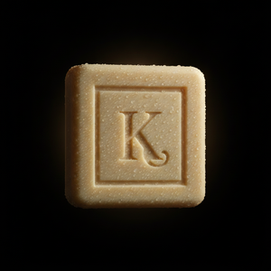 Gros plan du savon au soufre 125 g Karamat gravé du K, gouttes d'eau