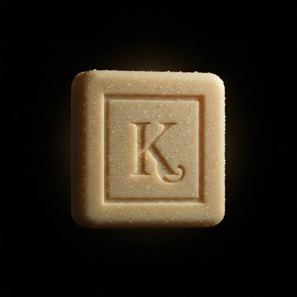 Gros plan du savon au soufre 125 g Karamat gravé du K, gouttes d'eau