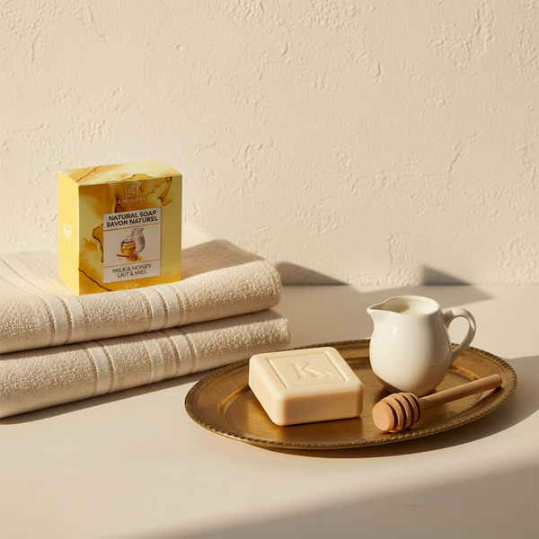 Boîte du savon au lait et miel 125 g Karamat sur serviettes de hammam