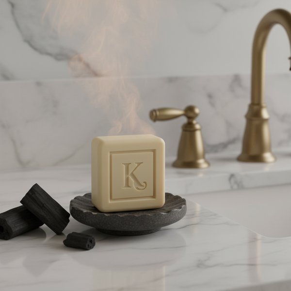 Savon au charbon actif 125 g Karamat sur porte-savon en pierre