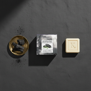 Savon au charbon actif 125 g Karamat à plat avec morceaux de charbon