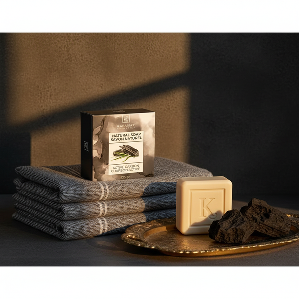 Boîte du savon au charbon actif 125 g Karamat sur serviettes de hammam