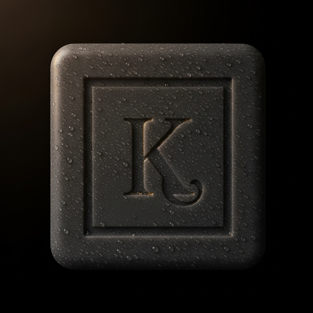 Savon naturel au charbon actif 125 g Karamat et sa boîte sur travertin