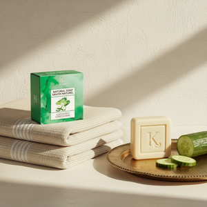 Boîte du savon au concombre 125 g Karamat sur serviettes de hammam