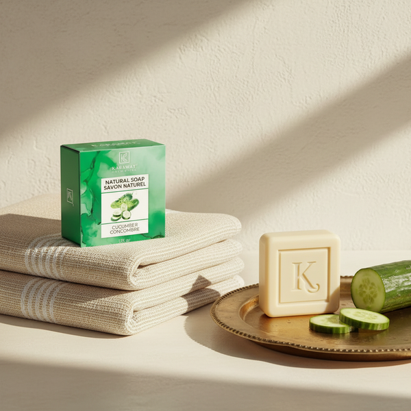 Boîte du savon au concombre 125 g Karamat sur serviettes de hammam
