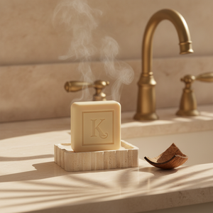 Savon à la noix de coco 125 g Karamat sur porte-savon en pierre