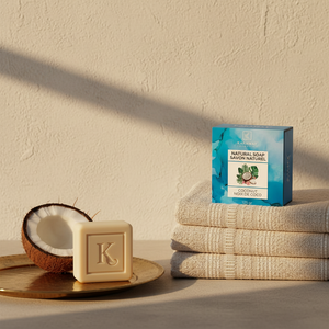 Boîte du savon à la noix de coco 125 g Karamat sur serviettes de hammam