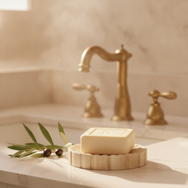 Savon à l'huile d'olive 125 g Karamat sur porte-savon en pierre