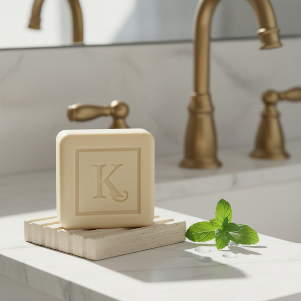 Savon au concombre 125 g Karamat sur porte-savon en pierre, salle de bain
