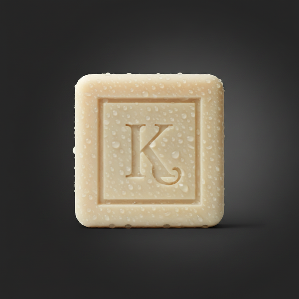 Gros plan du savon au concombre 125 g Karamat gravé du K, gouttes d'eau