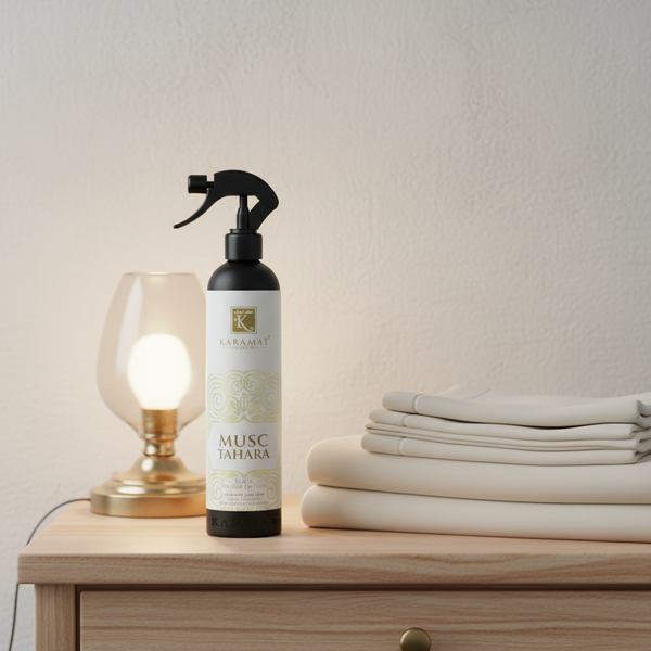 Spray d'ambiance 500 ml Black Edition Karamat sur une table de chevet