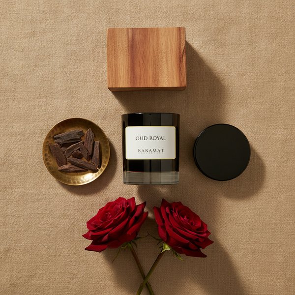 Bougie parfumée Oud Royal Karamat à plat avec bois d'oud et roses sombres