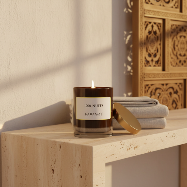 Bougie parfumée 1001 Nuits Karamat allumée sur une console en travertin