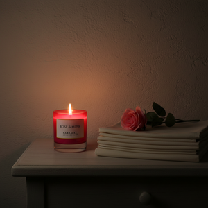 Bougie parfumée Rose & Musk Karamat allumée sur une table de chevet