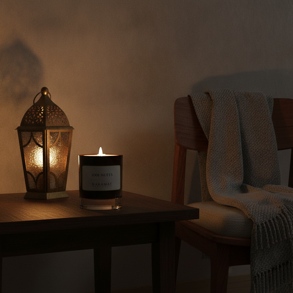 Bougie parfumée 1001 Nuits Karamat allumée le soir près d'une lanterne