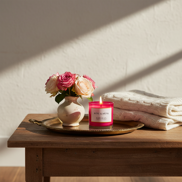 Bougie parfumée Rose & Musk Karamat allumée dans un salon